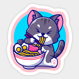 Cute Cat Eating Ramen Noodle With Chopstick Cartoon Sticker